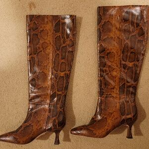 Sam Edelman Lillia Brown Leather Snake Embossed Knee High Kitten Heel Boots 8.5